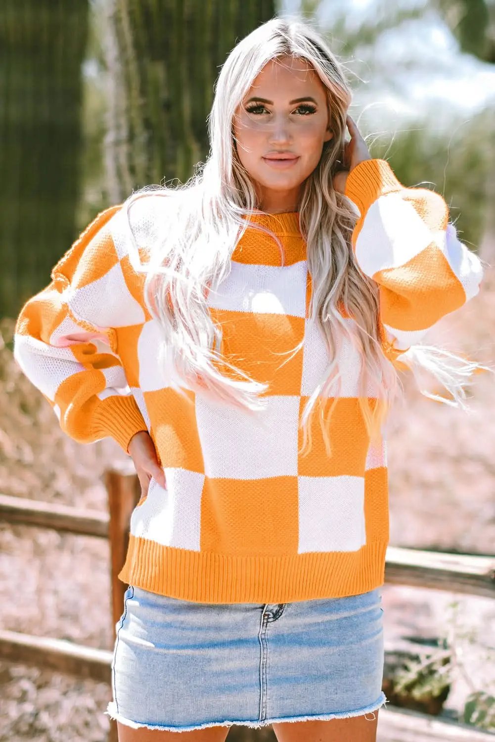 Orange Checkered Bishop Sleeve Sweater - Love Salve